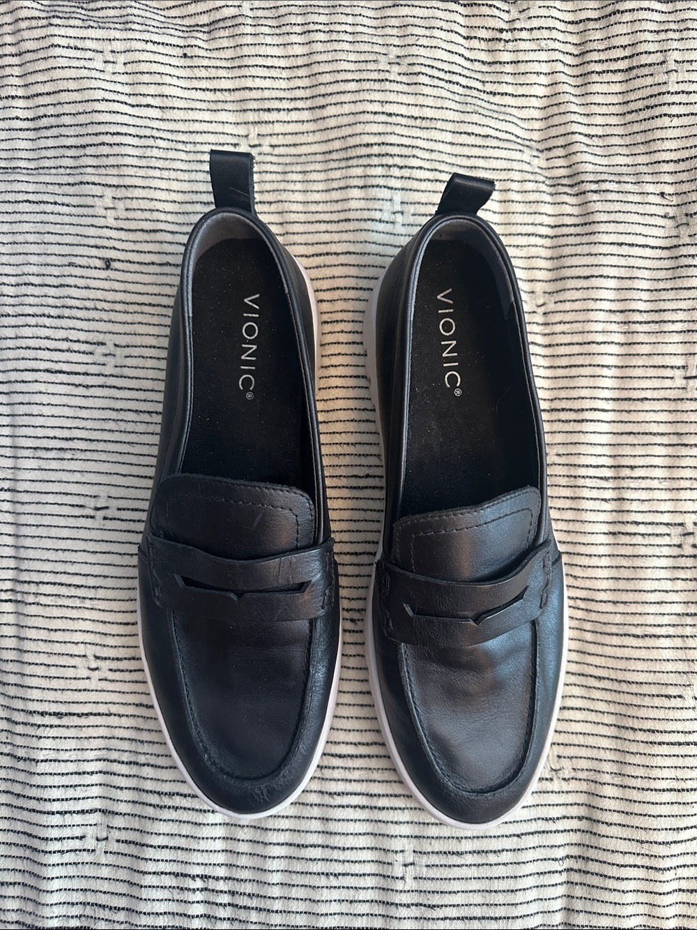 Vionic Black Leather Women’s Slip-On Penny Loafers with White Sole